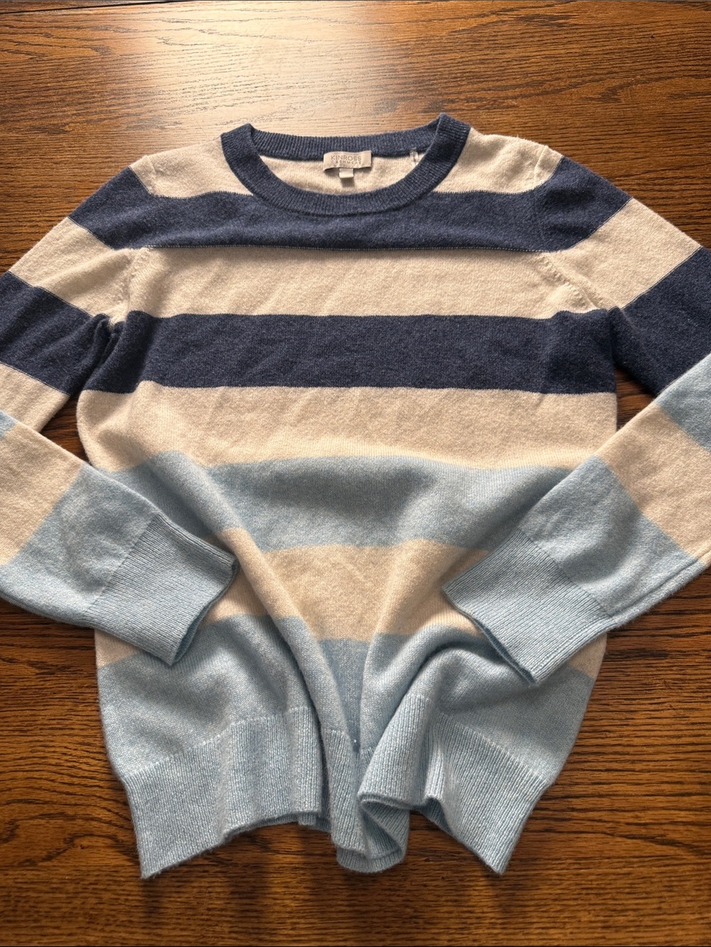 Kinross Cashmere Striped Sweater 100% Cashmere Navy Blue Cream Large